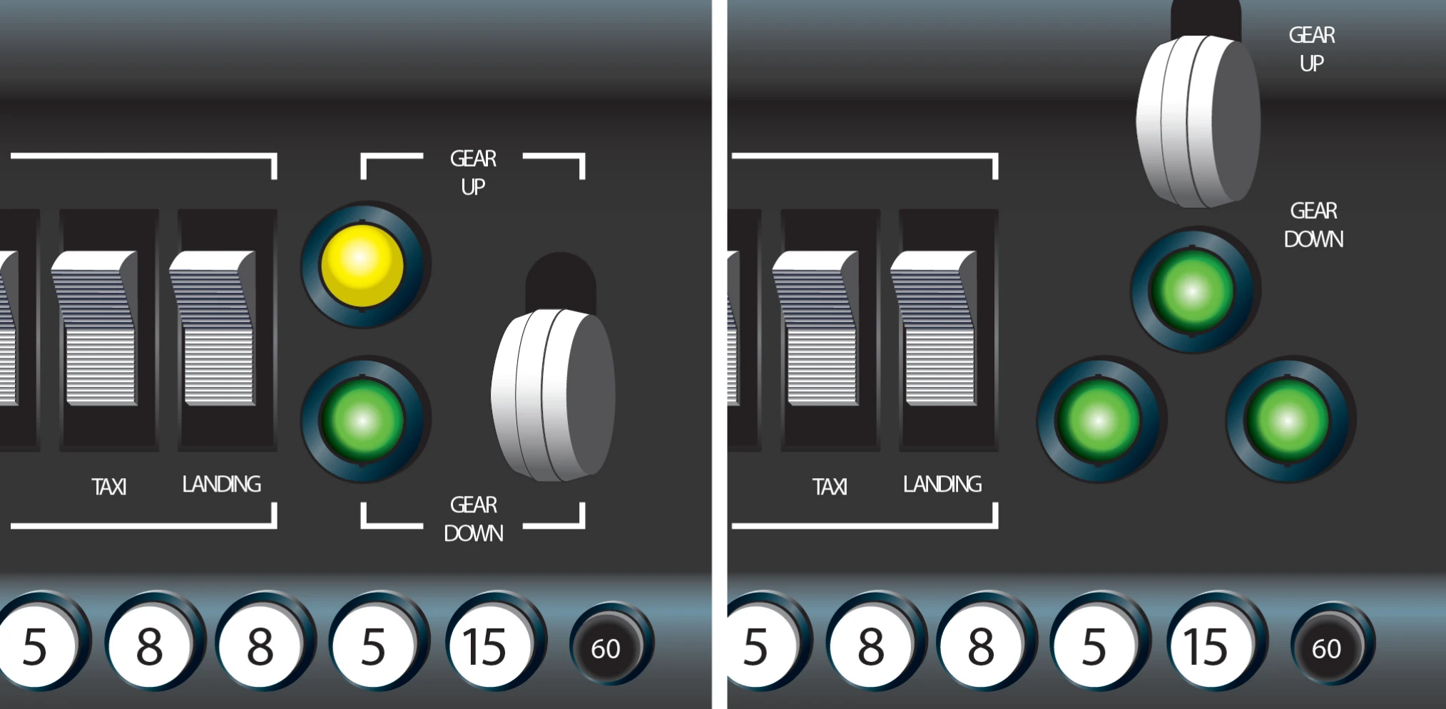 Typical landing gear switch with combination amber and green. Another combination has a three light indicator.