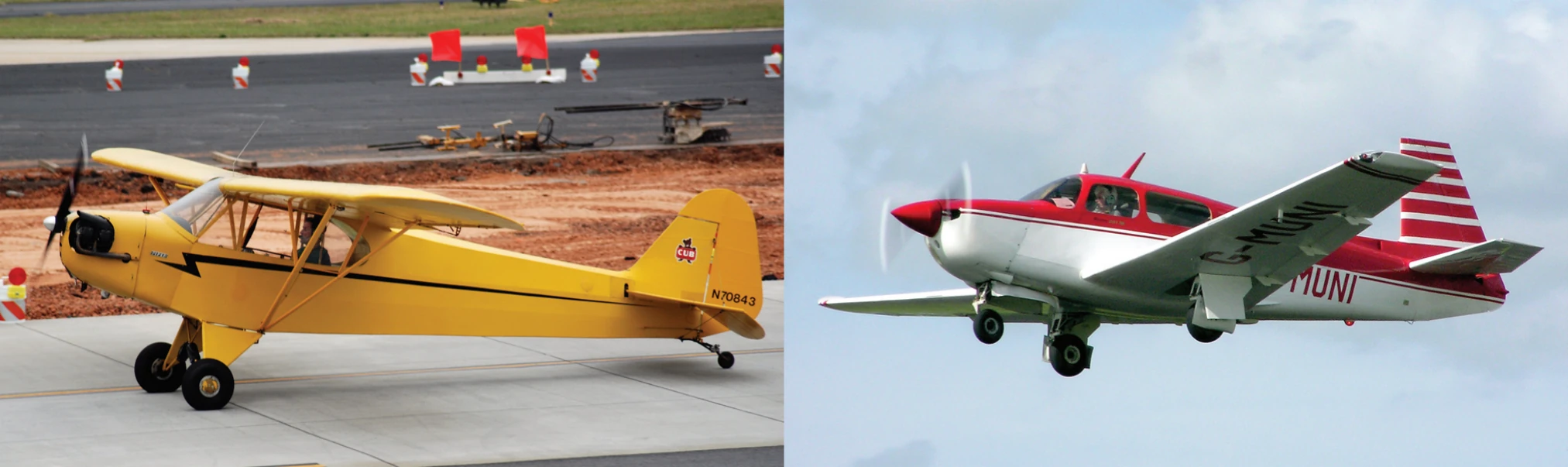 The Piper Super Cub on the left is a popular tailwheel airplane. The airplane on the right is a Mooney M20, which is a nose-wheel (tricycle gear) airplane.