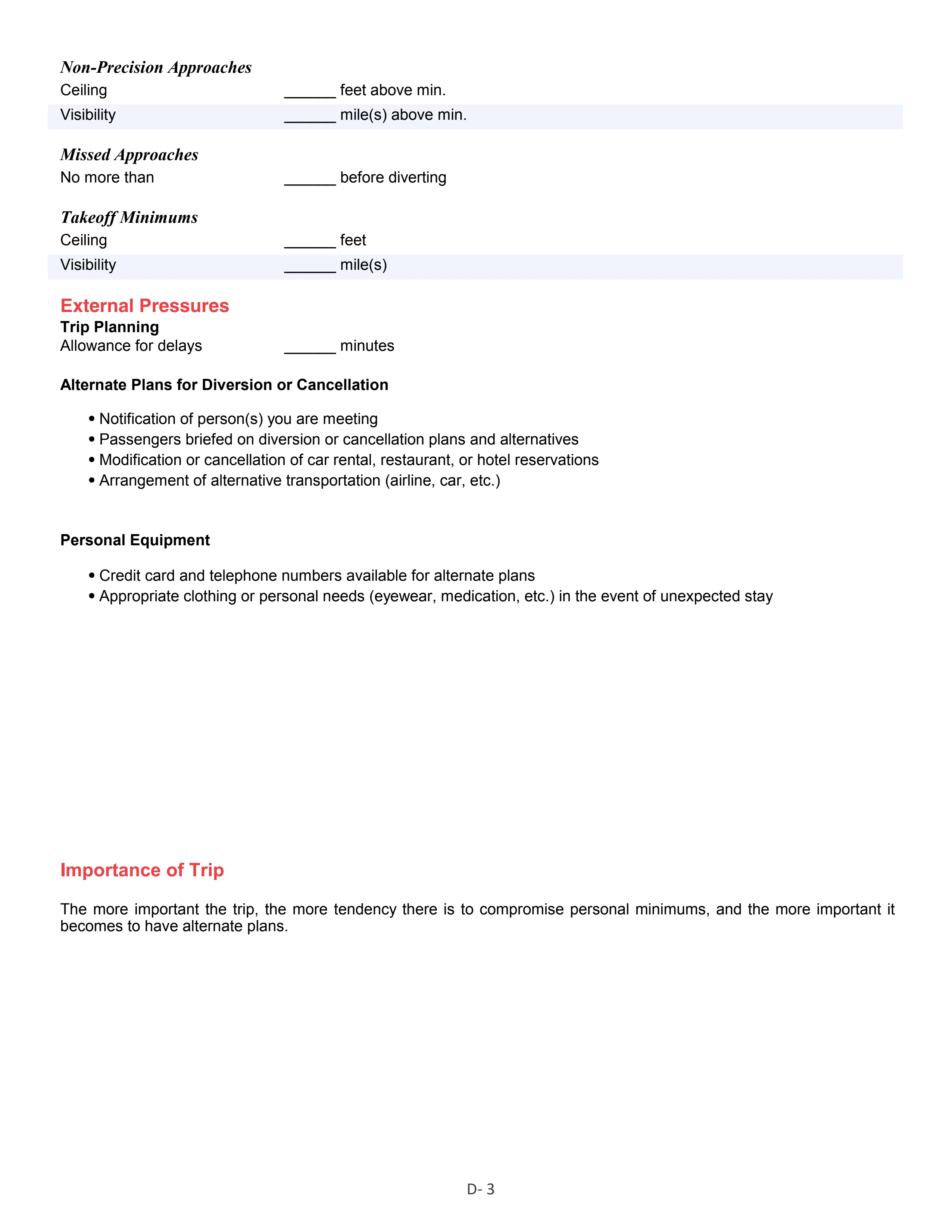 Appendix D personal minimums checklist, page 3 of 3.