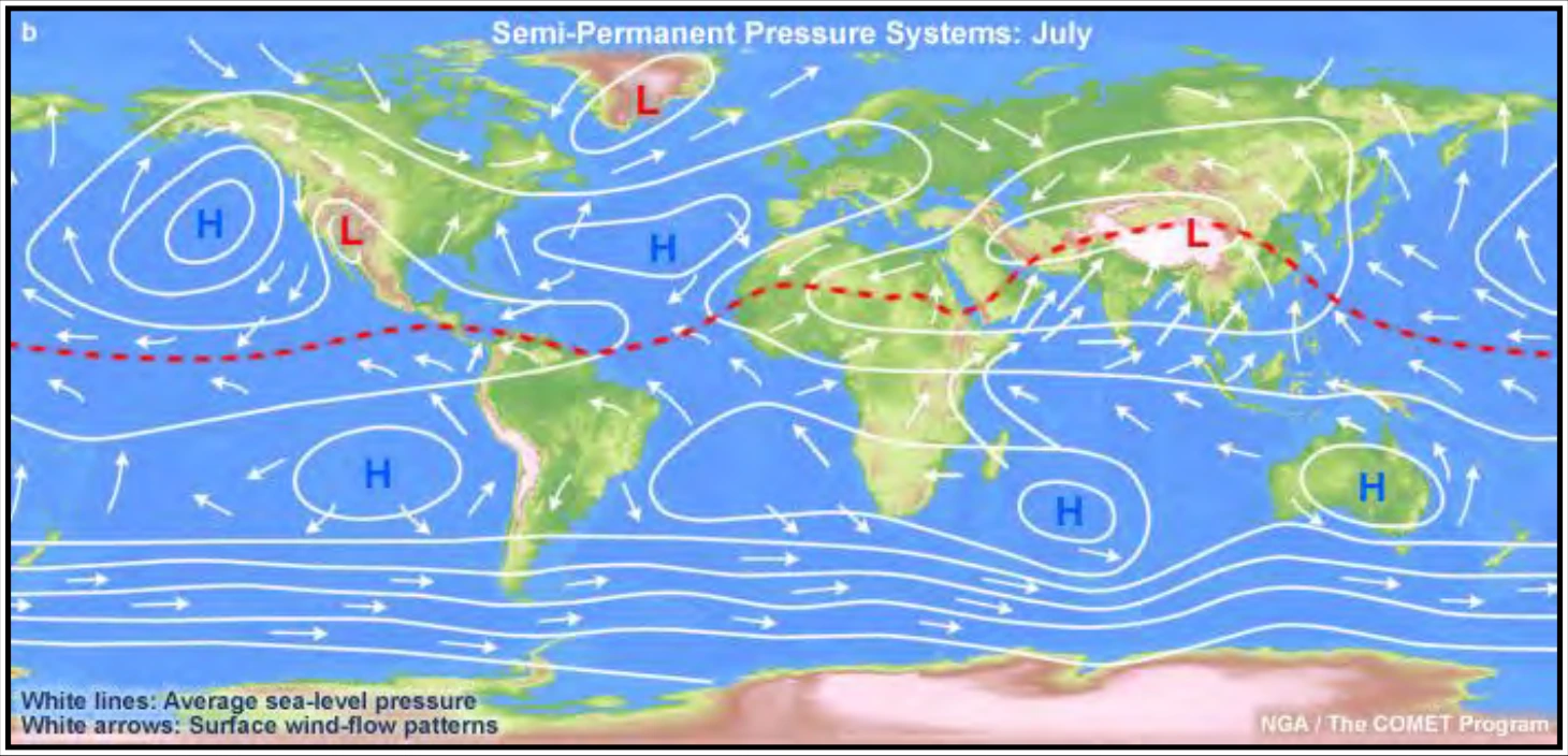 Figure 17-1. Mean Worldwide Surface Pressure Distribution and Prevailing Winds Throughout the World in July