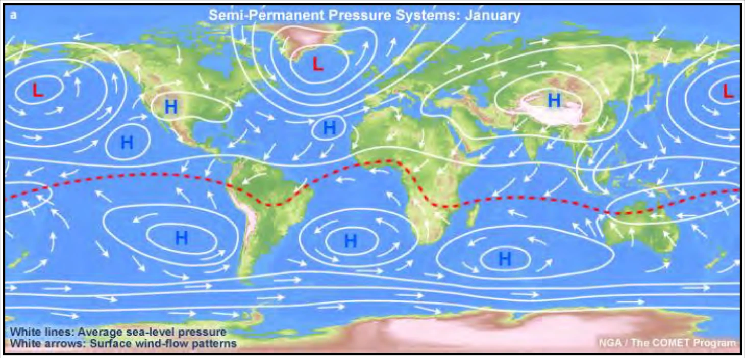 Figure 17-2. Mean Worldwide Surface Pressure Distribution and Prevailing Winds Throughout the World in January