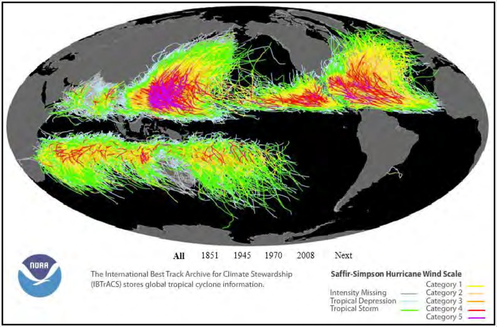Figure 17-7. The Tracks of Nearly 150 Years of Tropical Cyclones and Their Strength Weave Across the Globe