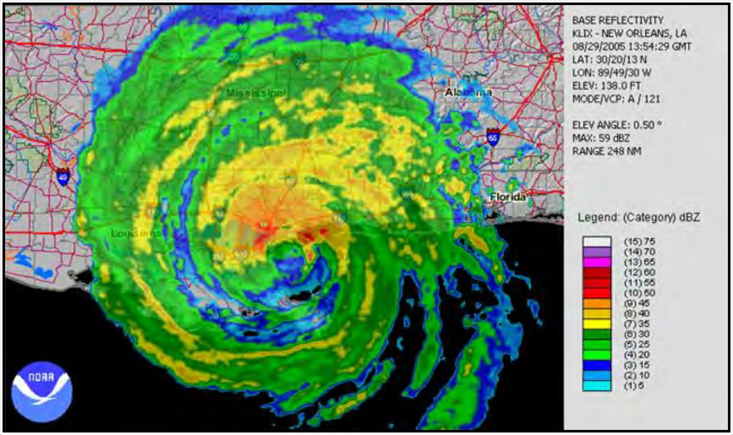 Figure 17-8. Radar Image of Hurricane Katrina Observed at New Orleans, Louisiana, on August 29, 2005