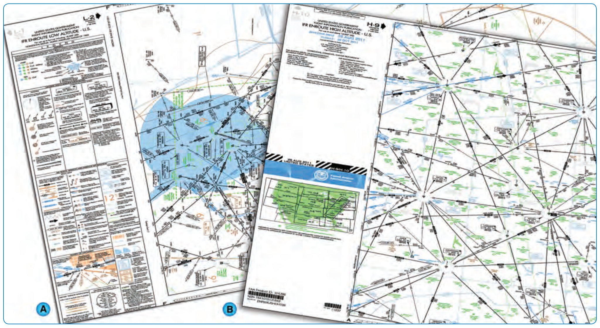 Figure 2-24. IFR en route low altitude (left) and high altitude (right) charts.