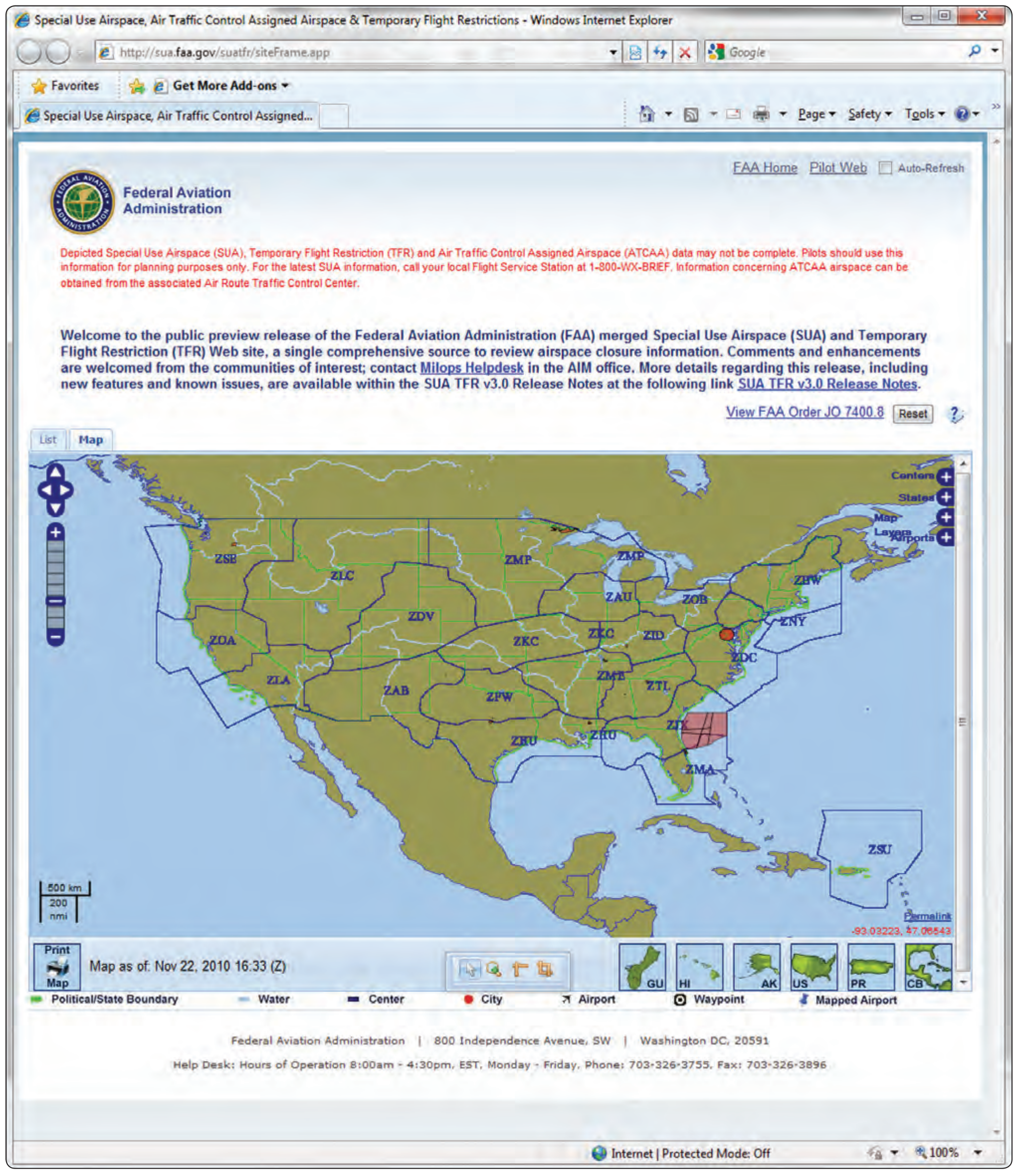 Figure 5-34. FAA website providing information for both special use airspace and temporary flight restrictions.